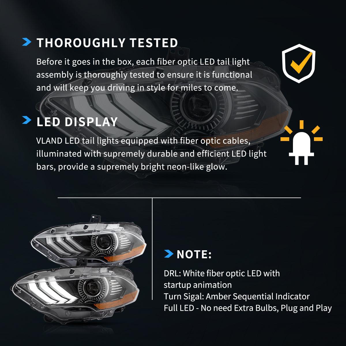 LED Headlight Assembly Dual Beam Projector Black For 2018-2024 Ford Mustang 6th Gen Facelifted