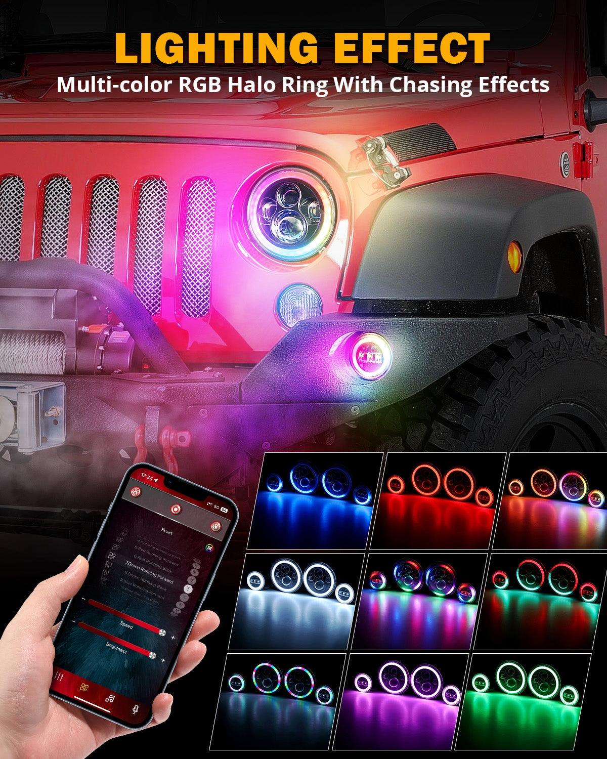 Upgraded RGB 7 Inch Headlights + 4 Inch Fog Lights Combo for Jeep Wrangler JK with APP Control