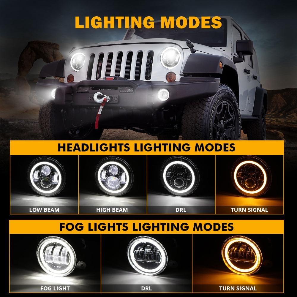 7 Inch LED Headlights + 4 Inch LED Fog Lights Set with Halo DRL Turn Signal High Low Beam for Jeep Wrangler JK JKU TJ LJ Rubicon Sahara Unlimited 1997-2018