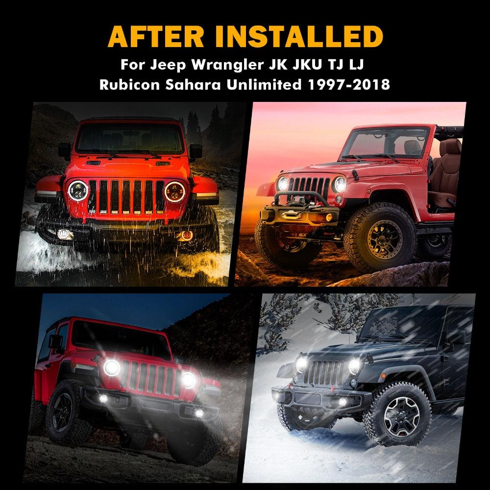 7 Inch LED Headlights + 4 Inch LED Fog Lights Set with Halo DRL Turn Signal High Low Beam for Jeep Wrangler JK JKU TJ LJ Rubicon Sahara Unlimited 1997-2018