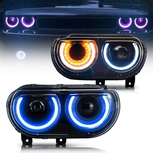 LED Headlight Assembly RGB Style Dual Beam Projector Black For 2008-2014 Dodge Challenger 3th Gen Pre-Facelift