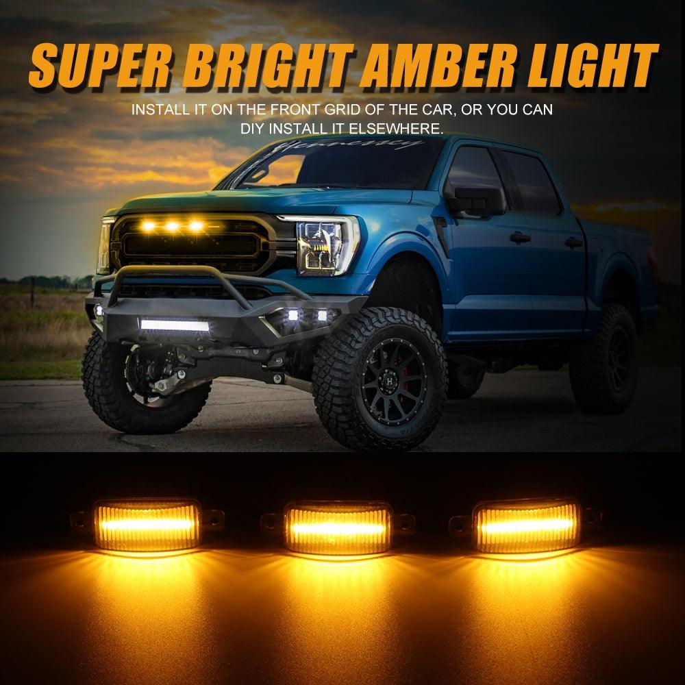 (3pcs/set)  LED Front Grille Lights Raptor Style Amber Light Fit for Chevrolet Silverado 1500 2016-2021 (Amber shell/ Smoked shell）