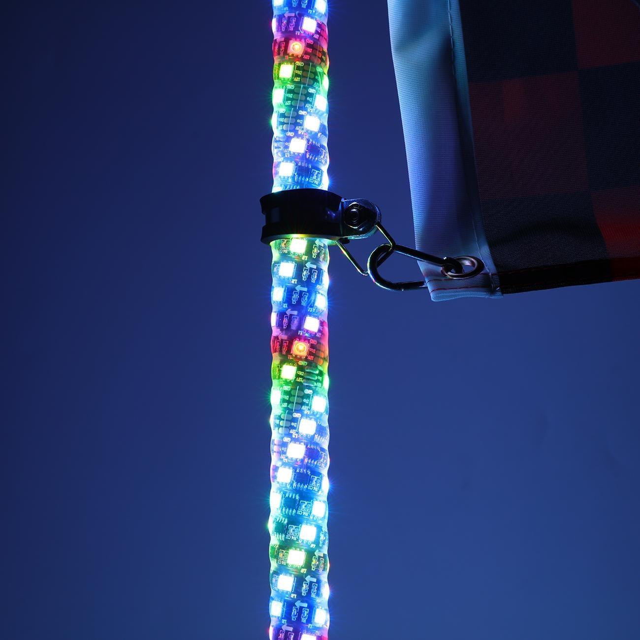 3FT/4FT RGB LED Whip Light with Bluetooth Controlled & Black Universal Flagpole Light Mount for all UTVs with 1.75" to 2" Roll Cage