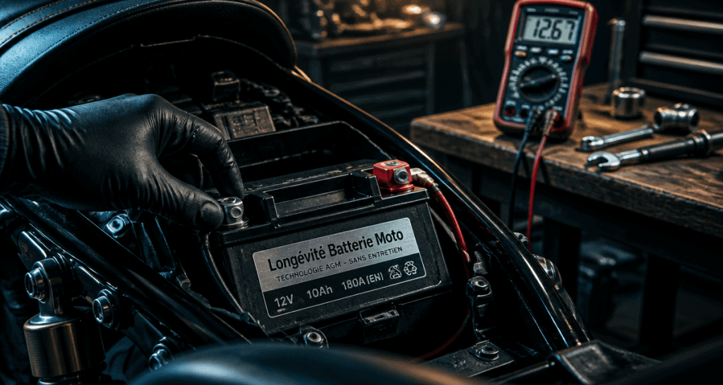 durée de vie batterie moto sur moto moderne en atelier