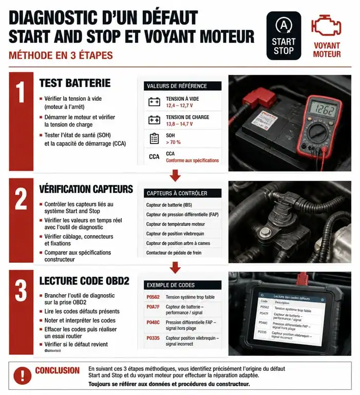 Infographie du diagnostic de défaut start and stop voyant moteur