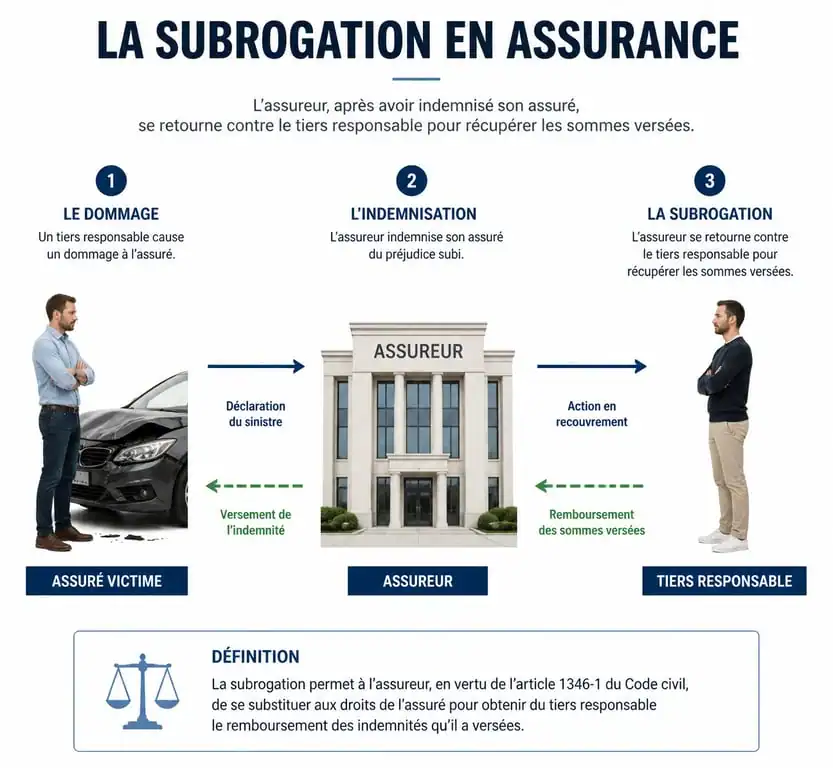 Schéma explicatif du mécanisme de subrogation en assurance