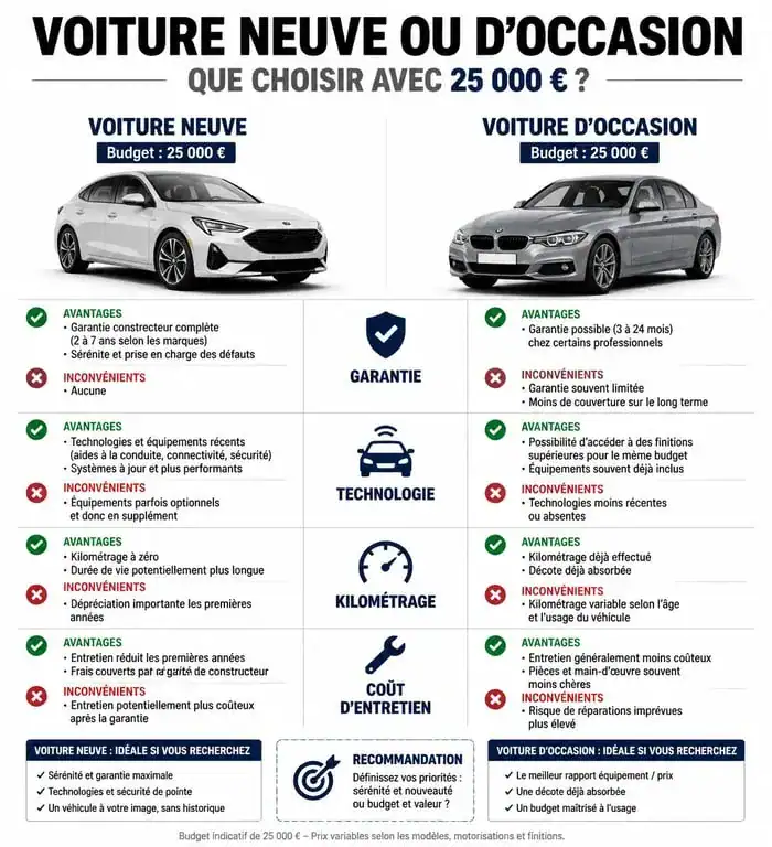 Comparatif voiture neuve vs occasion budget 25000 euros