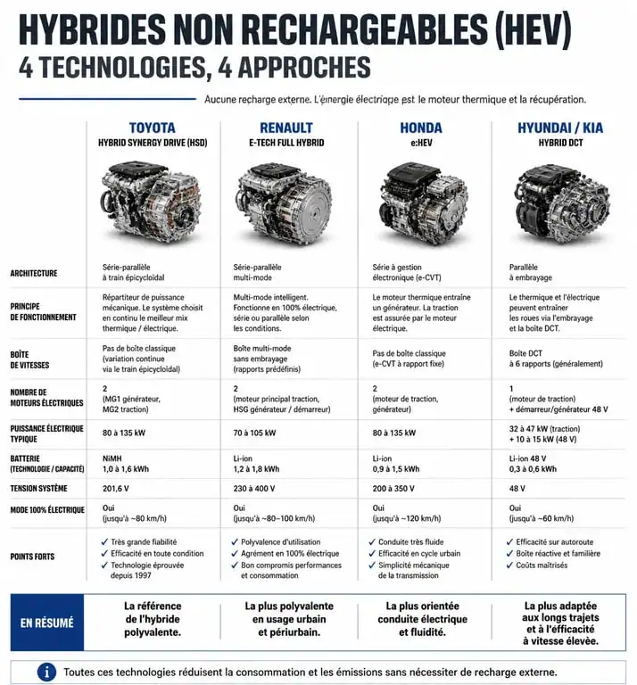Infographie comparative des technologies de voitures hybrides non rechargeables et leurs avantages