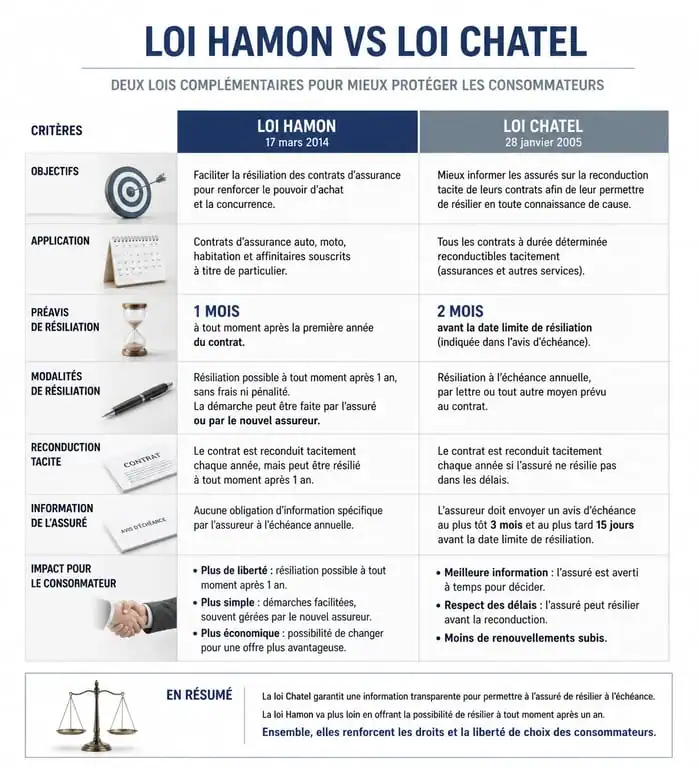Infographie comparative loi Hamon et loi Chatel pour la résiliation d'assurance