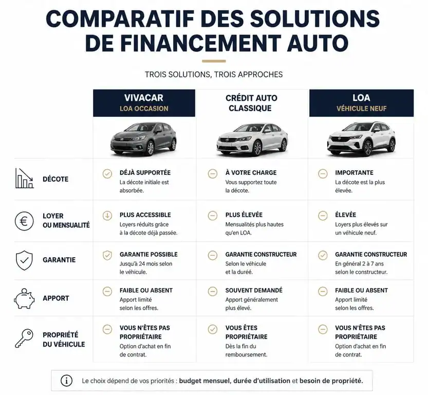 Comparatif des solutions de financement automobile : Vivacar LOA occasion vs crédit classique et LOA neuf
