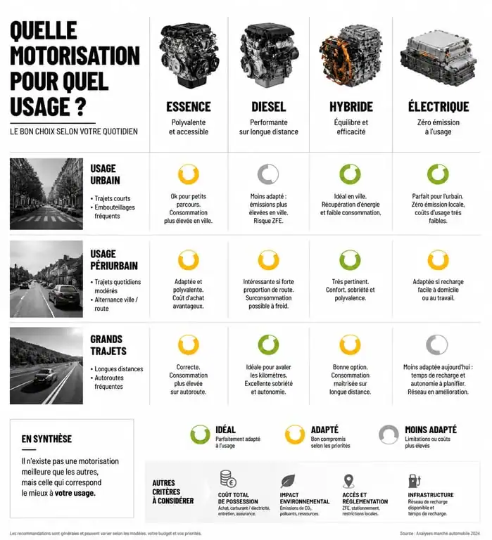 Infographie comparative pour choisir sa motorisation automobile en 2025 selon son usage