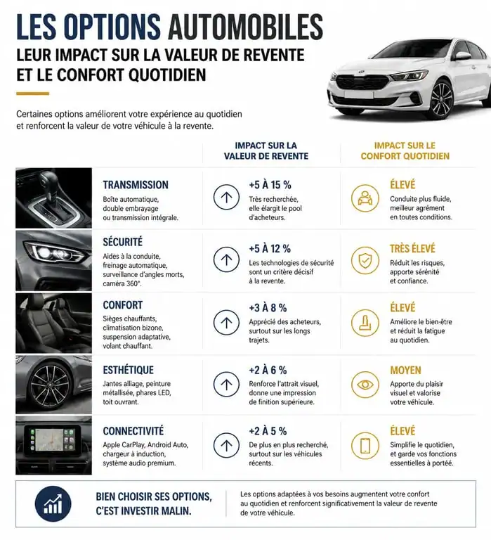 Infographie sur l'impact des options voiture sur la revente et le confort