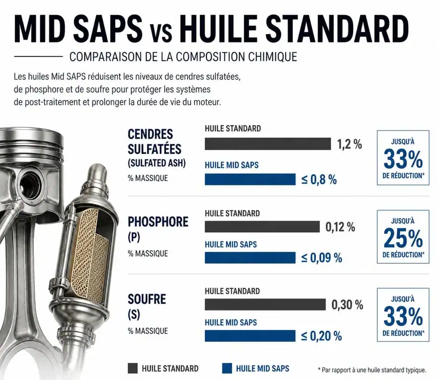 Infographie comparative technologie Mid SAPS huile moteur 5w30 C3