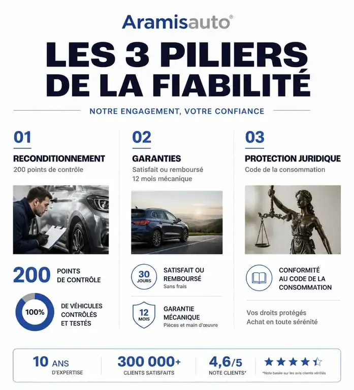 Infographie sur la fiabilité et les garanties Aramis Auto pour éviter les arnaques