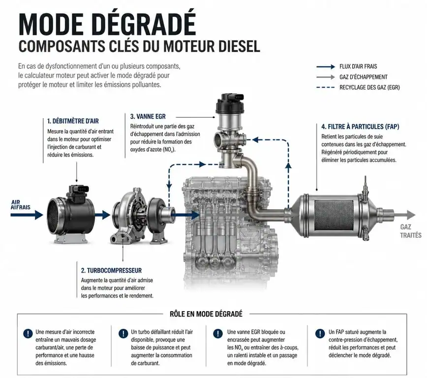 Schéma des composants moteur impliqués dans le régime moteur bloqué à 3000 tours