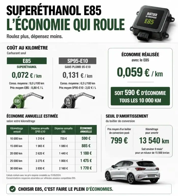Infographie comparative du prix ethanol E85 et essence SP95-E10 pour calculer ses économies