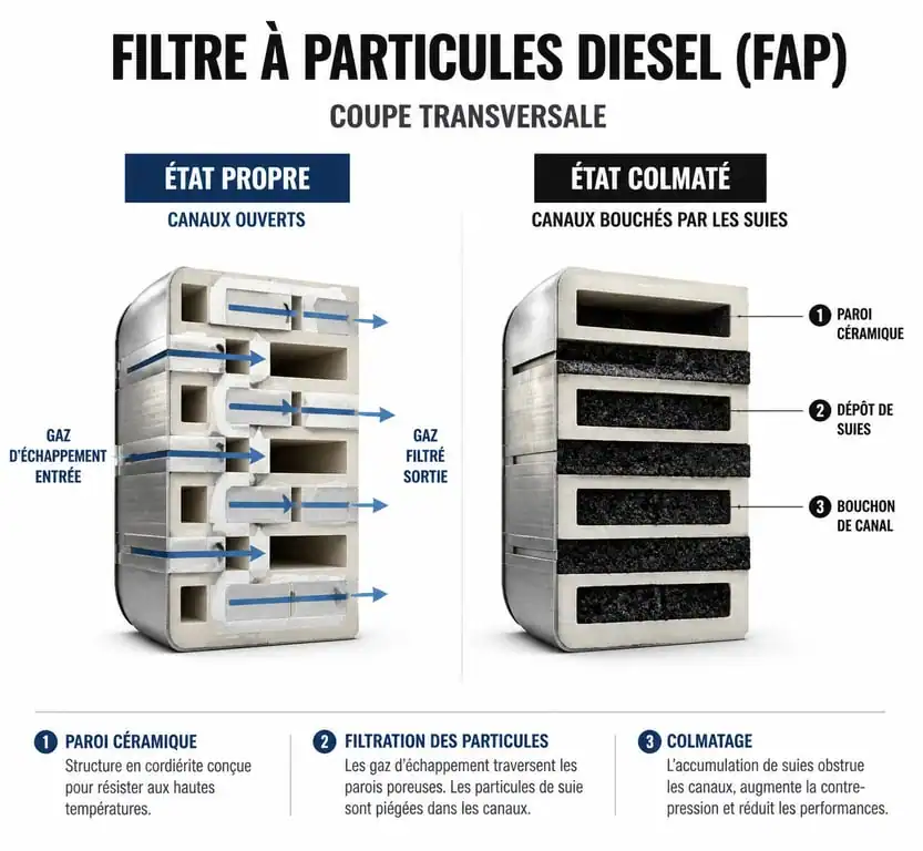 Schéma explicatif du colmatage FAP : comparaison entre un filtre à particules propre et un filtre encrassé par les suies