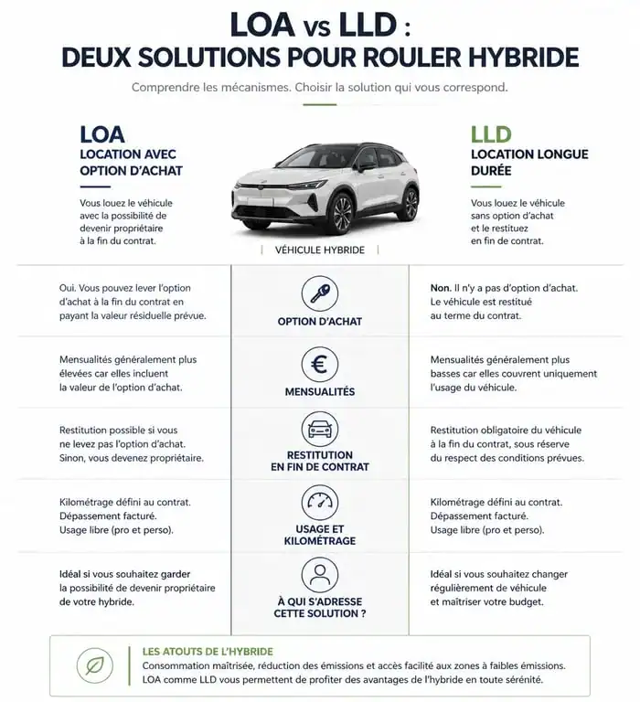 Comparatif LOA vs LLD pour le leasing de voiture hybride