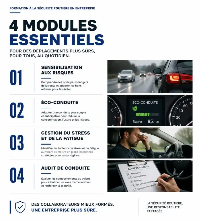 Infographie des 4 modules de formation en sécurité routière pour les entreprises