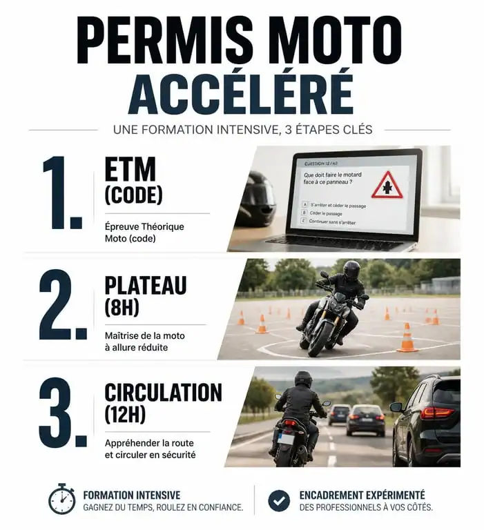 Étapes du permis accéléré moto : ETM, plateau et circulation