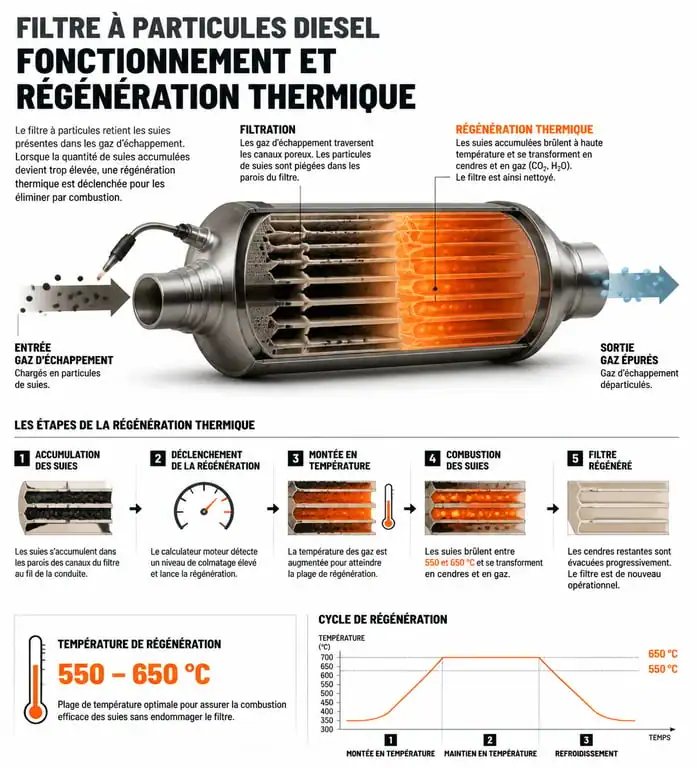 Schéma explicatif du fonctionnement et de la régénération du filtre à particules (FAP) pour éviter le risque de colmatage