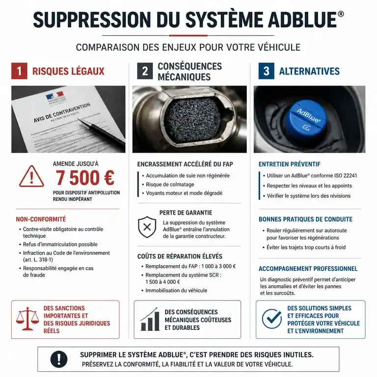 Infographie comparative des risques et conséquences de la suppression du système AdBlue sur véhicule diesel