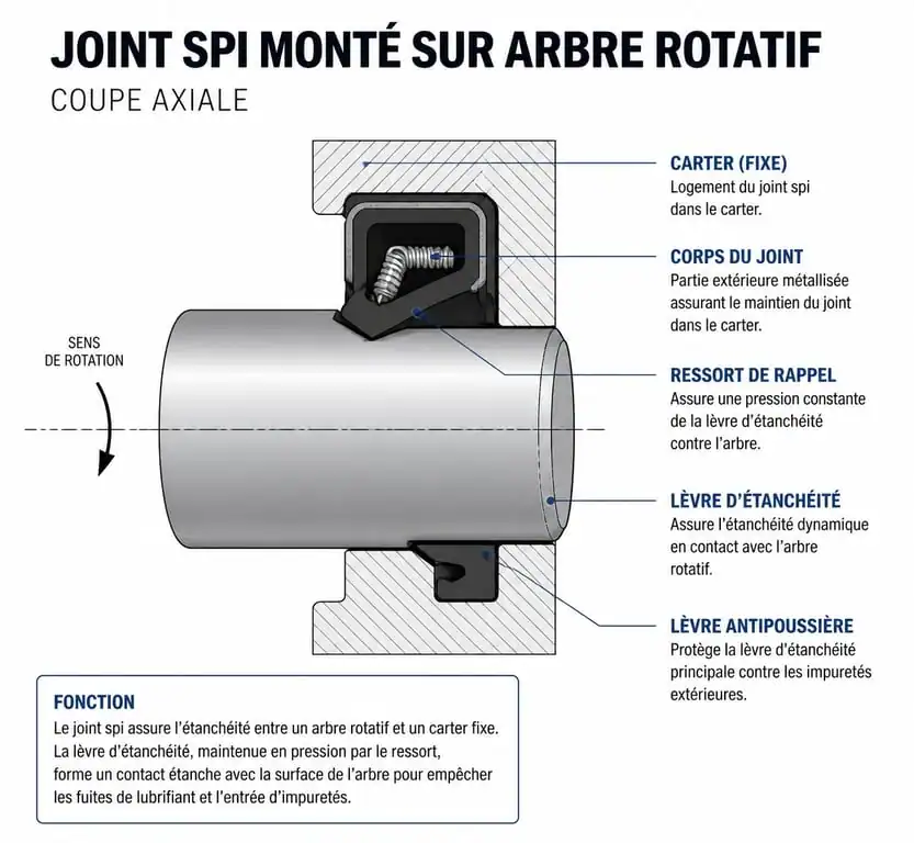 Schéma technique d'un joint spi et son emplacement pour diagnostic de fuite