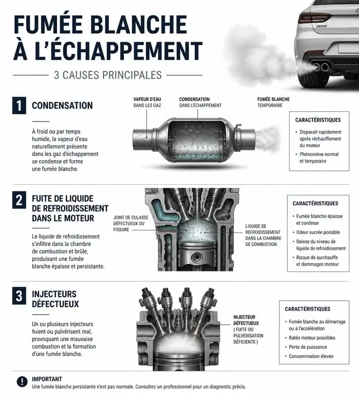 Schéma des causes de la fumée blanche à l'échappement d'une voiture : condensation, joint de culasse et injecteurs