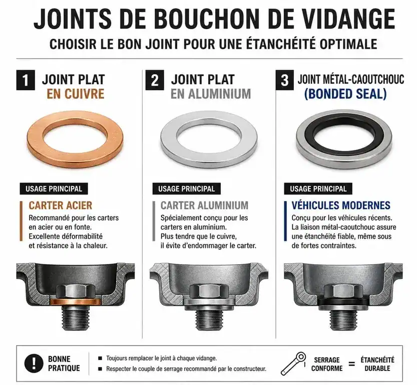 Comparatif des types de joints de bouchon de vidange : cuivre, aluminium et métal-caoutchouc pour l'entretien automobile.