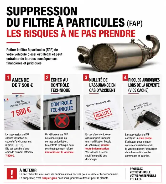 Infographie des risques et conséquences de la suppression du FAP au contrôle technique