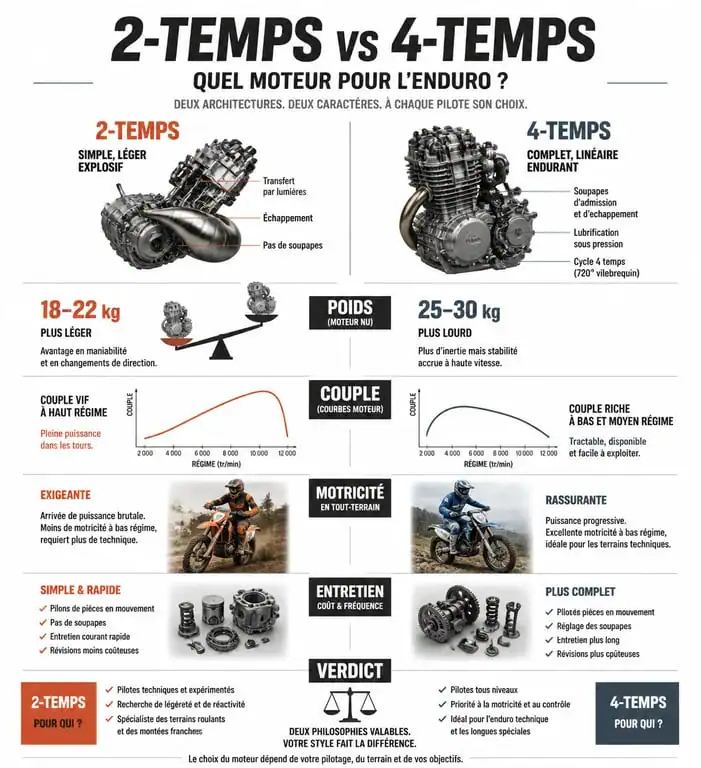 Infographie comparative moteur 2-temps vs 4-temps pour moto enduro