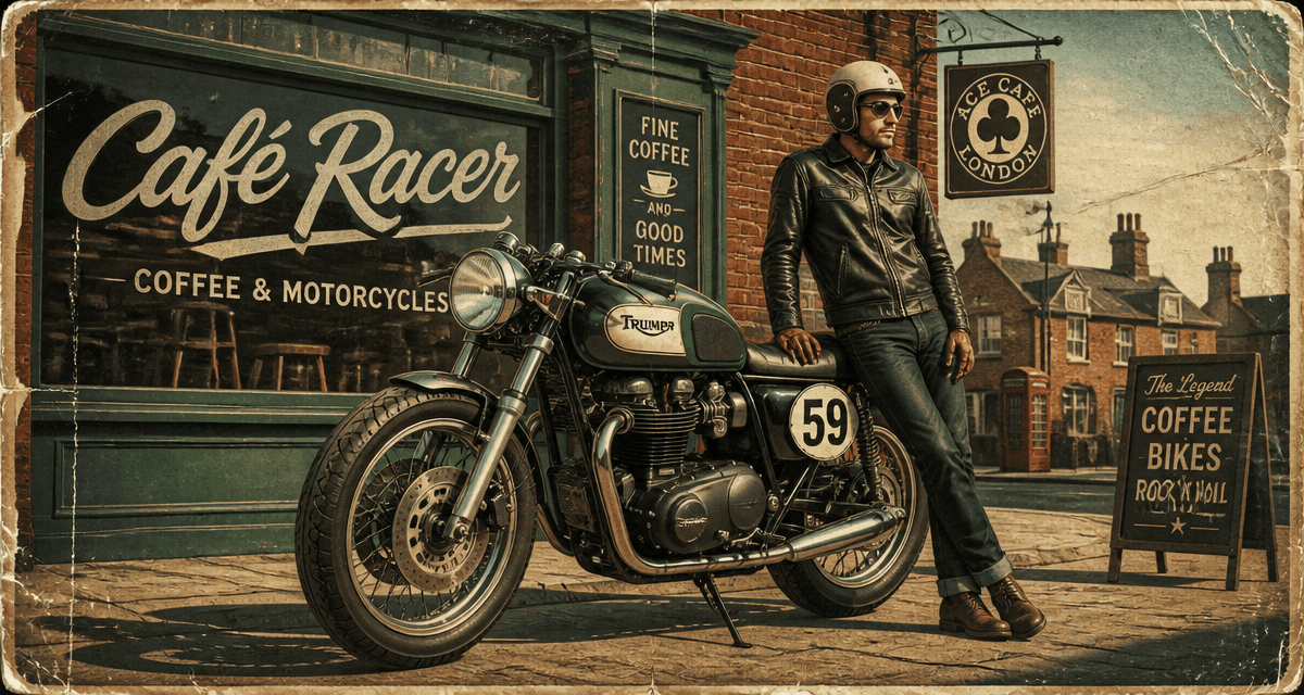 Moto cafe racer vintage devant café anglais