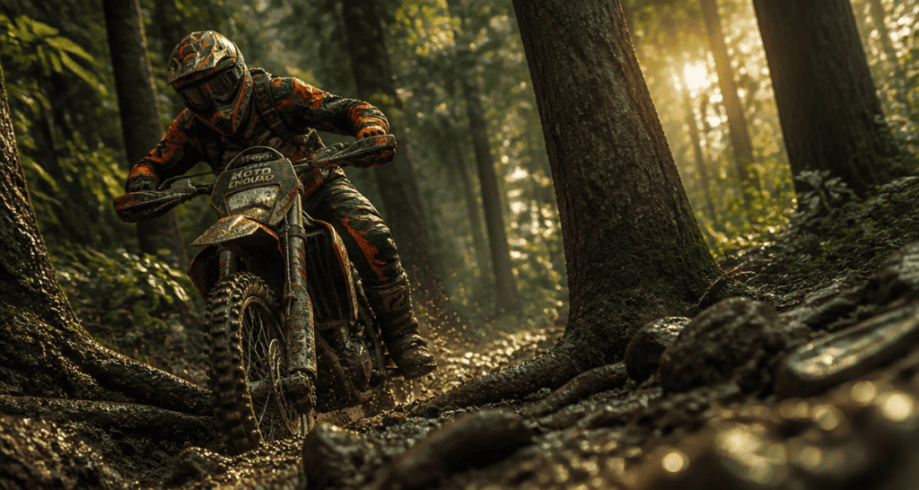 moto enduro franchissant sentier boueux forêt