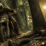 moto enduro franchissant sentier boueux forêt