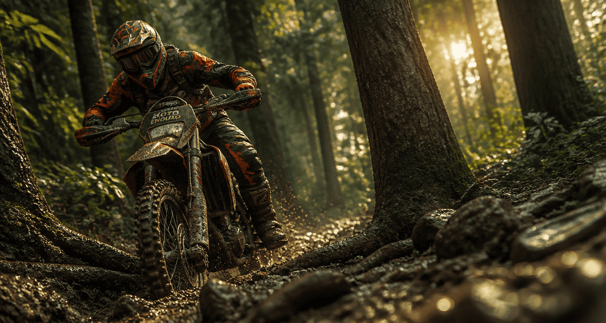 moto enduro franchissant sentier boueux forêt