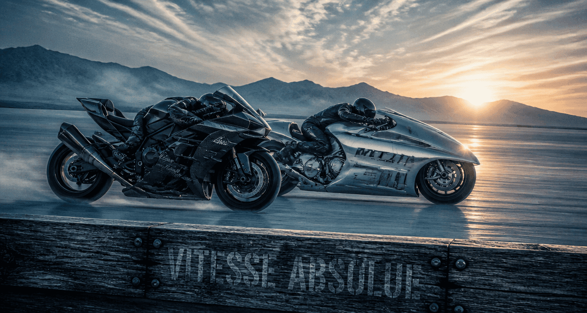 Moto la plus rapide du monde Kawasaki Ninja H2R et MTT 420RR côte à côte sur piste de sel