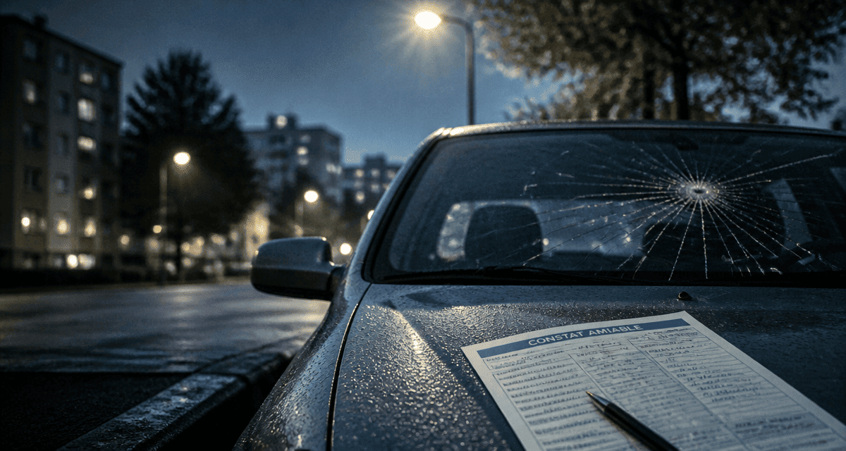 pare brise cassé par un tiers sur voiture grise stationnée