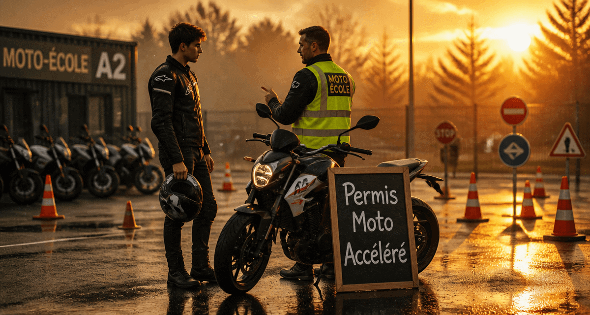 permis accéléré moto sur parking auto-école