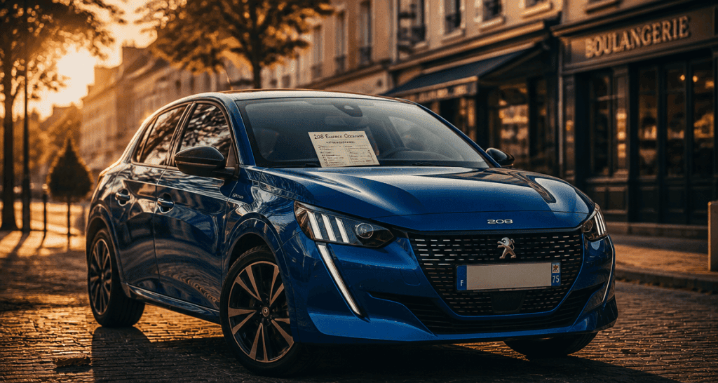 Peugeot 208 essence occasion GT Line bleu sur place pavée