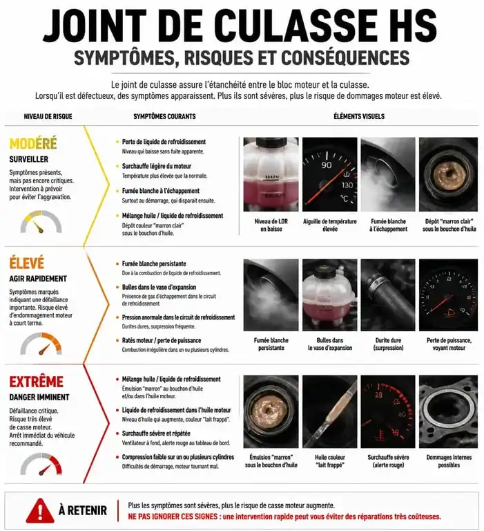 Infographie des symptômes et risques d'un joint de culasse HS pour évaluer l'urgence de la réparation