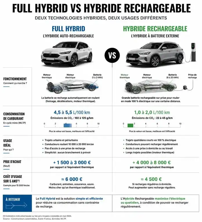 Comparatif des technologies de voiture hybride avis : Full Hybrid vs Hybride Rechargeable