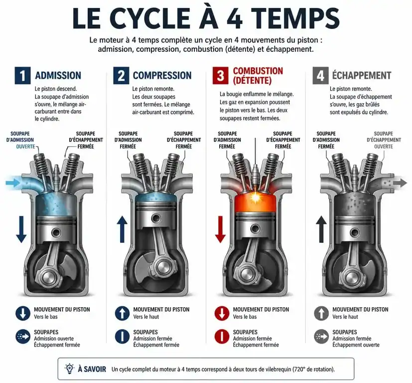 Schéma explicatif des quatre phases du cycle d'un moteur 4 temps