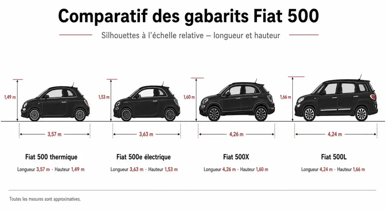 Comparaison visuelle des dimensions et silhouettes des différents modèles de Fiat 500, incluant la Fiat 500e et la Fiat 500X.