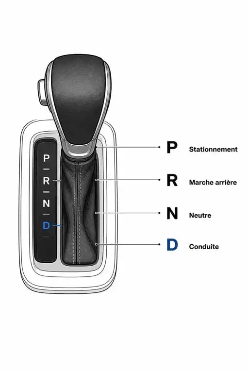 Schéma explicatif des positions du levier de vitesse automatique PRND