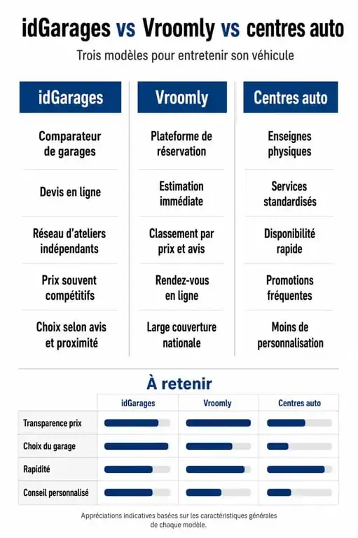 Tableau comparatif des services de réservation de garages en ligne : idGarages, Vroomly et centres auto pour vos avis et choix.