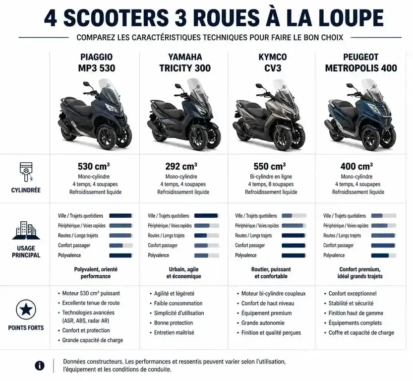 Comparatif des meilleurs scooters 3 roues : Piaggio MP3, Yamaha Tricity, Kymco CV3 et Peugeot Metropolis.