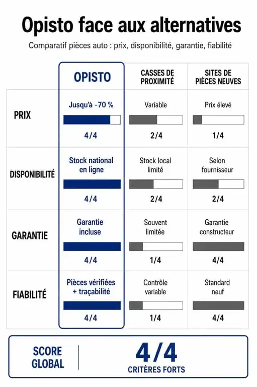 Infographie comparative des services de pièces auto d'occasion : Opisto avis et comparaison avec les alternatives.