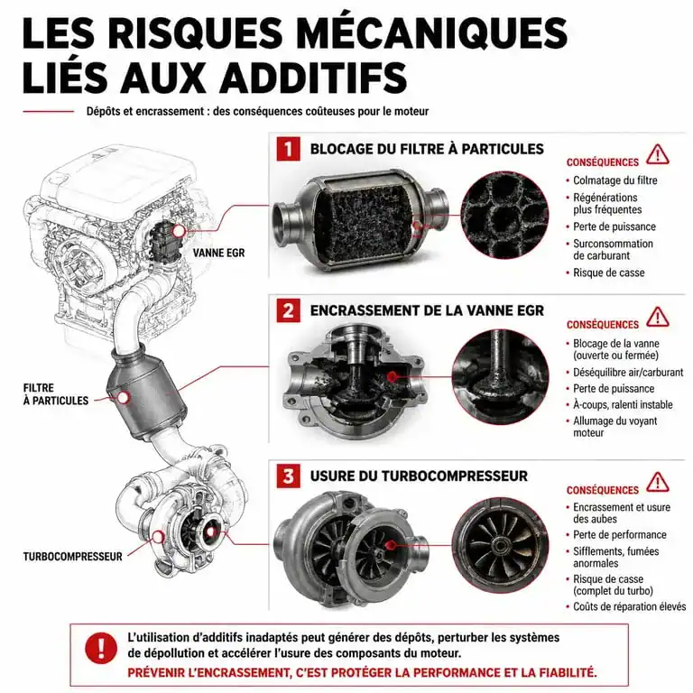 Schéma des risques mécaniques liés à l'utilisation d'additifs pour huile moteur