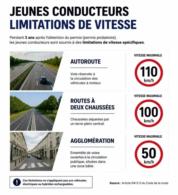 Tableau récapitulatif des limitations de vitesse pour jeune conducteur en période probatoire