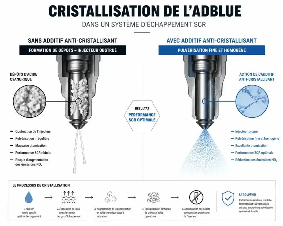 Schéma explicatif de l'efficacité des additifs anti-cristallisation AdBlue pour éviter l'encrassement du système SCR